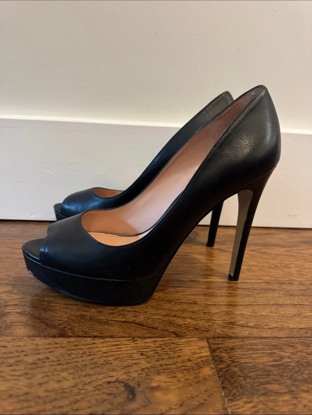 Enzo Angiolini Black Leather Peep-Toe Heels